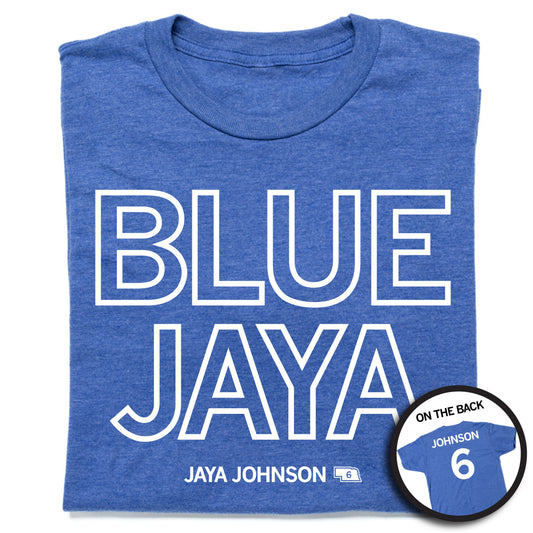 Heather royal blue t-shirt with BLUE JAYA and JAYA JOHNSON printed in white, featuring an inset image showing the back of the shirt with JOHNSON 6.