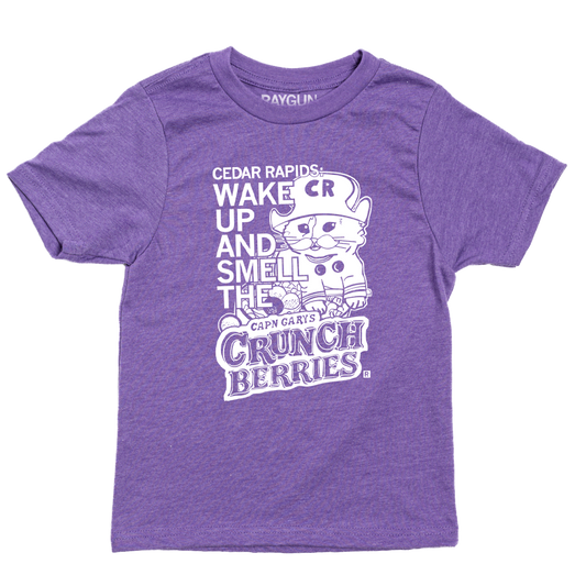 Heather purple t-shirt featuring a cartoon cat dressed as a captain with the text Cedar Rapids: Wake up and smell the Capn Garys Crunch Berries.