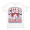 Short sleeve white t-shirt with red and blue print. The center depicts Chicago's skyline with a large baseball peaking out from behind it. Text from top to bottom reads "Wrigley Field. Cubs. Chicago. Since 1870. Fly The W."