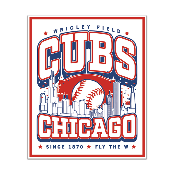 White rectangular sticker red and blue print. The center depicts Chicago's skyline with a large baseball peaking out from behind it. Text from top to bottom reads 
