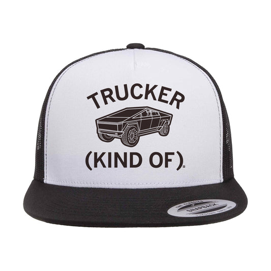 A black and white RAYGUN trucker hat featuring a graphic of a geometric Cybertruck and the text TRUCKER (KIND OF).