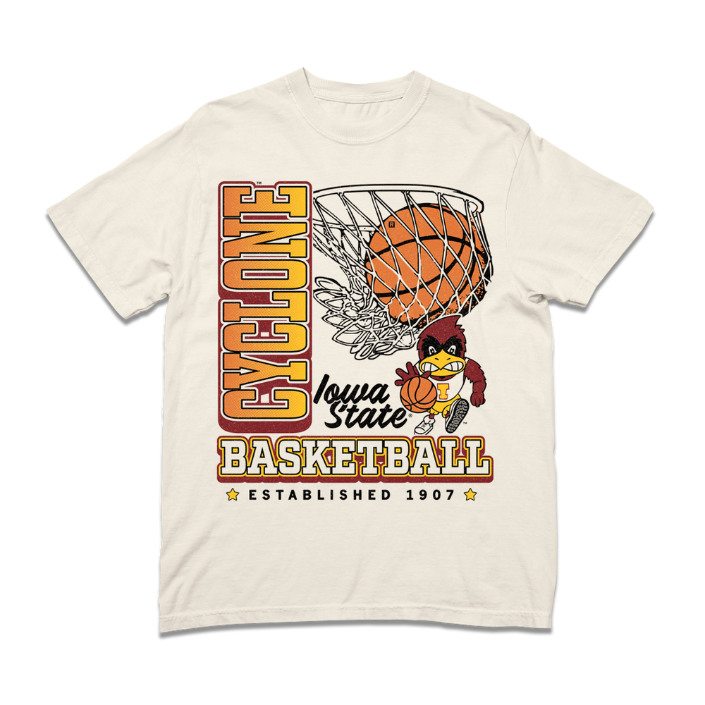 An off-white Comfort Colors shirt with red, white, gold, black, and cardinal ink depicting a basketball going through a hoop above the vintage basketball Cy logo of Iowa State. Vertical text to the left reads "Cyclone" and down below horizontal text says, "Basketball. Established 1907."