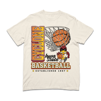 An off-white Comfort Colors shirt with red, white, gold, black, and cardinal ink depicting a basketball going through a hoop above the vintage basketball Cy logo of Iowa State. Vertical text to the left reads "Cyclone" and down below horizontal text says, "Basketball. Established 1907."