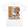 A white t-shirt with red, white, gold, black, and cardinal ink depicting a basketball going through a hoop above the vintage basketball Cy logo of Iowa State. Vertical text to the left reads "Cyclone" and down below horizontal text says, "Basketball. Established 1907."