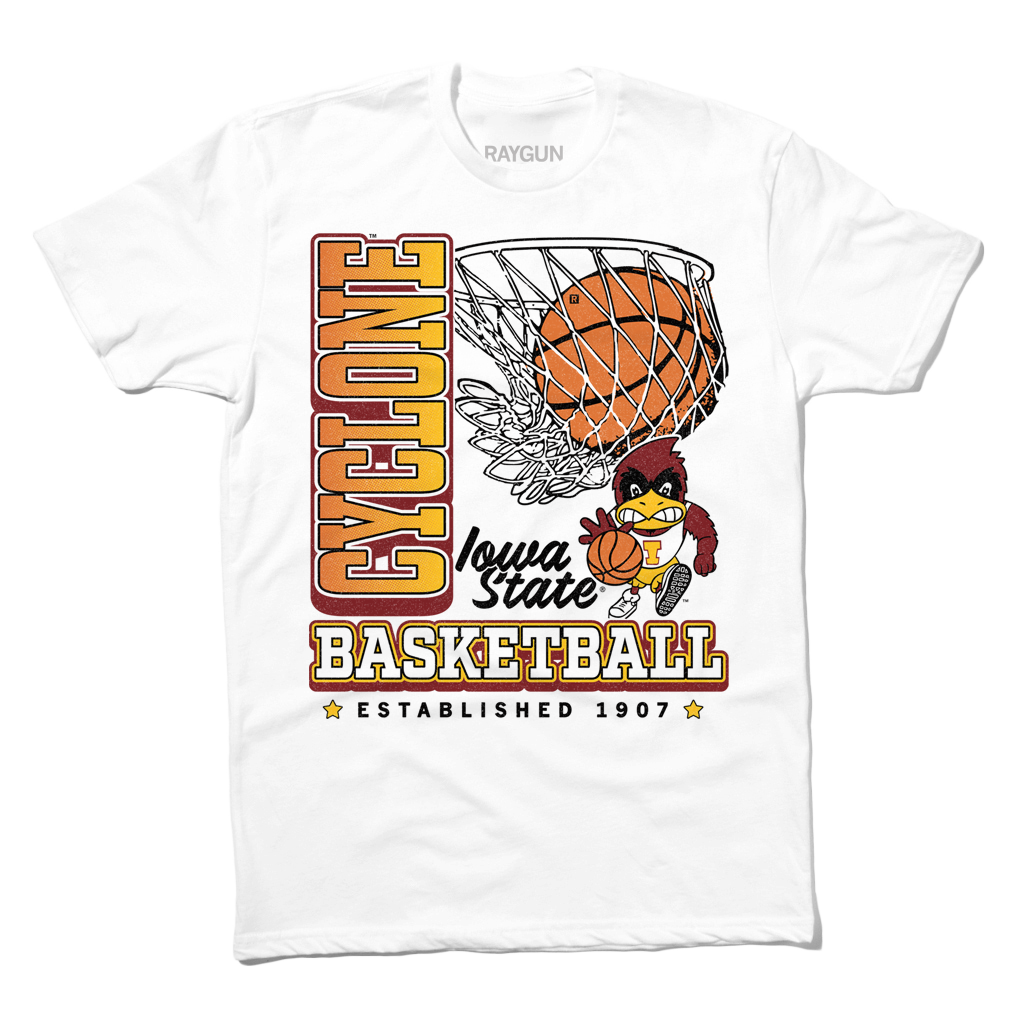 A white t-shirt with red, white, gold, black, and cardinal ink depicting a basketball going through a hoop above the vintage basketball Cy logo of Iowa State. Vertical text to the left reads "Cyclone" and down below horizontal text says, "Basketball. Established 1907."
