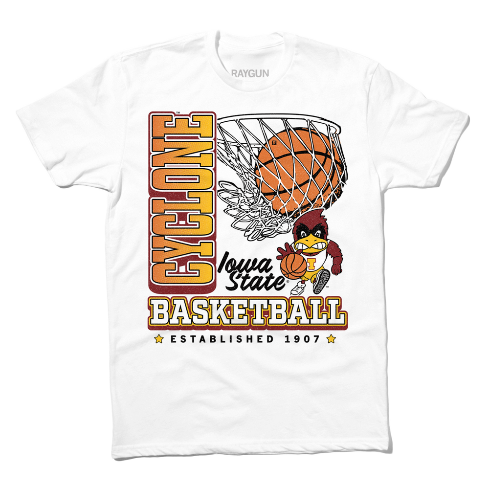 A white t-shirt with red, white, gold, black, and cardinal ink depicting a basketball going through a hoop above the vintage basketball Cy logo of Iowa State. Vertical text to the left reads "Cyclone" and down below horizontal text says, "Basketball. Established 1907."