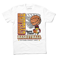 A white t-shirt with red, white, gold, black, and cardinal ink depicting a basketball going through a hoop above the vintage basketball Cy logo of Iowa State. Vertical text to the left reads "Cyclone" and down below horizontal text says, "Basketball. Established 1907."