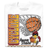 A white shirt with red, white, gold, black, and cardinal ink depicting a basketball going through a hoop above the vintage basketball Cy logo of Iowa State. Vertical text to the left reads "Cyclone" and down below horizontal text says, "Basketball. Established 1907."