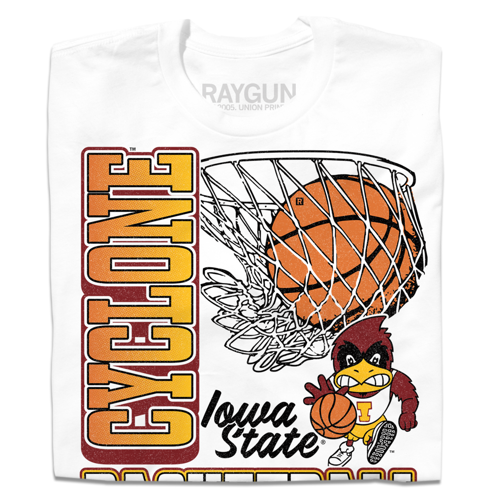 A white shirt with red, white, gold, black, and cardinal ink depicting a basketball going through a hoop above the vintage basketball Cy logo of Iowa State. Vertical text to the left reads "Cyclone" and down below horizontal text says, "Basketball. Established 1907."