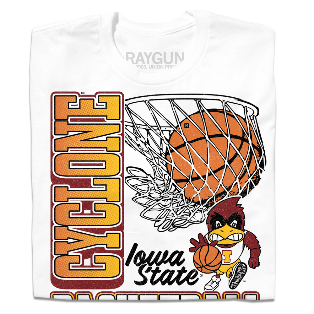 A white shirt with red, white, gold, black, and cardinal ink depicting a basketball going through a hoop above the vintage basketball Cy logo of Iowa State. Vertical text to the left reads "Cyclone" and down below horizontal text says, "Basketball. Established 1907."