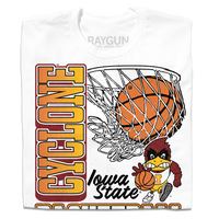 A white shirt with red, white, gold, black, and cardinal ink depicting a basketball going through a hoop above the vintage basketball Cy logo of Iowa State. Vertical text to the left reads "Cyclone" and down below horizontal text says, "Basketball. Established 1907."