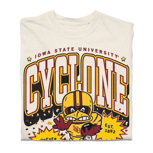Cream-colored, union-made T-shirt featuring an Iowa State University Cyclone Football graphic with Cy the Mascot holding a football.