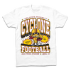 Officially licensed white RAYGUN t-shirt with an Iowa State University Cyclone football graphic featuring the mascot, Forever True text, and Jack Trice Stadium at the bottom.
