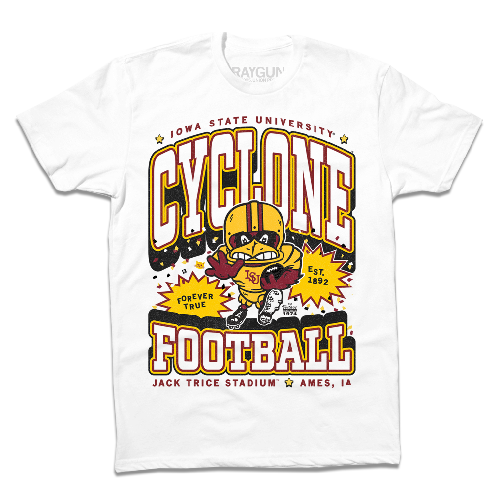 Officially licensed white RAYGUN t-shirt with an Iowa State University Cyclone football graphic featuring the mascot, Forever True text, and Jack Trice Stadium at the bottom.