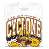 White RAYGUN T-shirt featuring an officially licensed Iowa State University Cyclone logo with a cartoon mascot holding a football, the text CYCLONE, and EST. 1892.