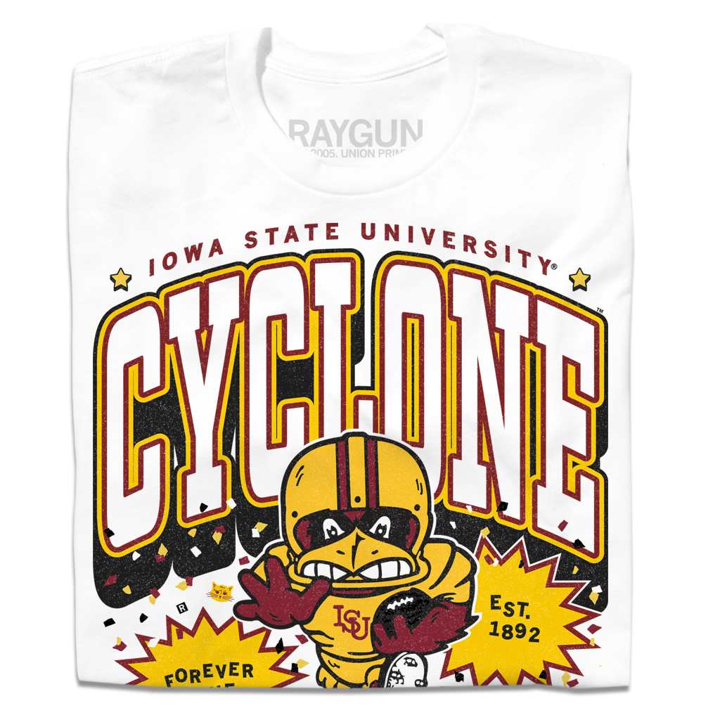 White RAYGUN T-shirt featuring an officially licensed Iowa State University Cyclone logo with a cartoon mascot holding a football, the text CYCLONE, and EST. 1892.