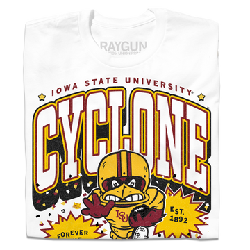 White RAYGUN T-shirt featuring an officially licensed Iowa State University Cyclone logo with a cartoon mascot holding a football, the text CYCLONE, and EST. 1892.