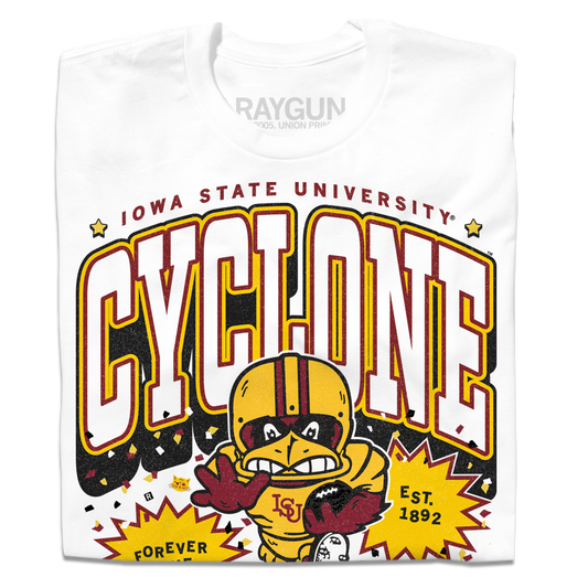 White RAYGUN T-shirt featuring an officially licensed Iowa State University Cyclone logo with a cartoon mascot holding a football, the text CYCLONE, and EST. 1892.