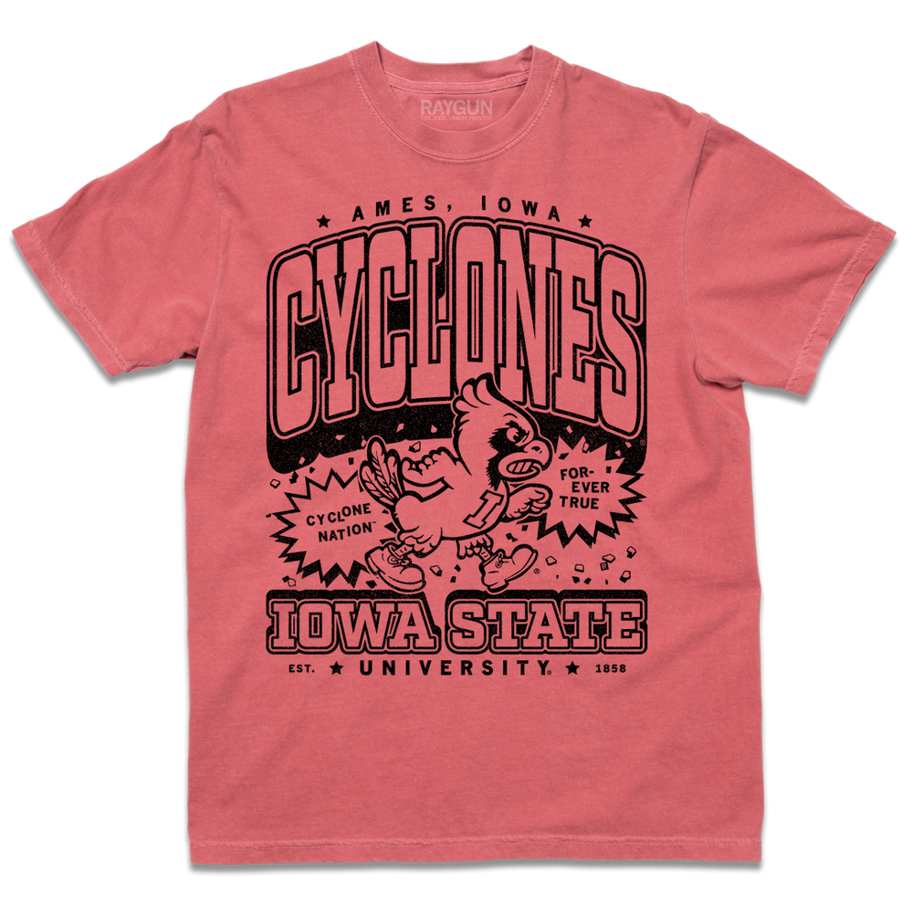 Comfort Colors heavyweight red t-shirt with black print that says, "Ames, Iowa. Cyclones. Cyclone Nation. For-ver true. Iowa State University. Est 1858." laid out like a vintage college shirt. ISU's mascot, Cy, is in the center.