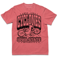 Comfort Colors heavyweight red t-shirt with black print that says, "Ames, Iowa. Cyclones. Cyclone Nation. For-ver true. Iowa State University. Est 1858." laid out like a vintage college shirt. ISU's mascot, Cy, is in the center.