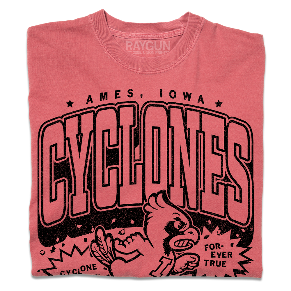 Folded heavyweight red t-shirt with black print that says, "Ames, Iowa. Cyclones. Cyclone Nation. For-ver true. Iowa State University. Est 1858." laid out like a vintage college shirt. ISU's mascot, Cy, is in the center.