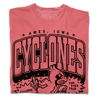 Folded heavyweight red t-shirt with black print that says, "Ames, Iowa. Cyclones. Cyclone Nation. For-ver true. Iowa State University. Est 1858." laid out like a vintage college shirt. ISU's mascot, Cy, is in the center.