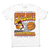 A white shirt with black, red, orange, and gold ink. From top to bottom it reads "Hilton Coliseum. Cyclone Women's Basketball. Established 1973." With an illustration of Cy dribbling a basketball beside a giant basketball going through a hoop.