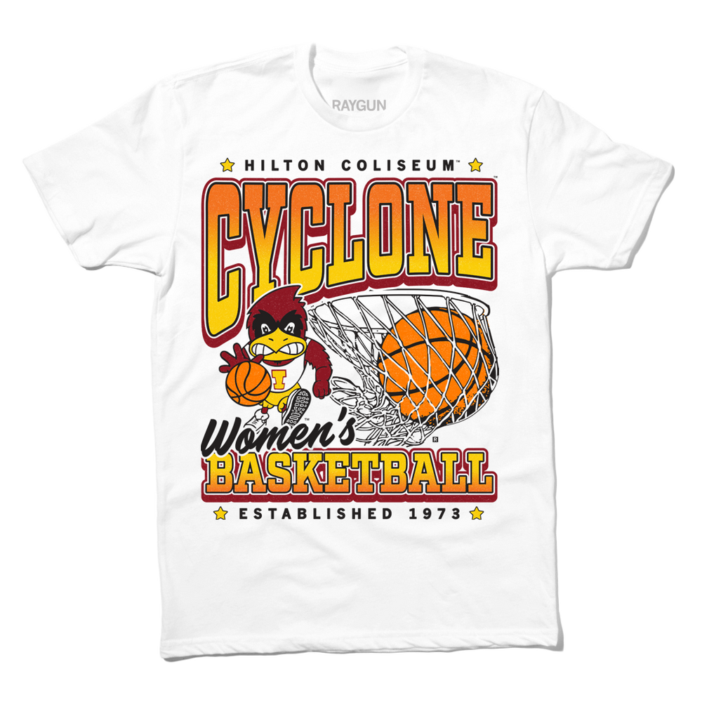 A white shirt with black, red, orange, and gold ink. From top to bottom it reads "Hilton Coliseum. Cyclone Women's Basketball. Established 1973." With an illustration of Cy dribbling a basketball beside a giant basketball going through a hoop.