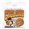 A folded white t-shirt with black, red, orange, and gold ink. From top to bottom it reads "Hilton Coliseum. Cyclone Women's Basketball. Established 1973." With an illustration of Cy dribbling a basketball beside a giant basketball going through a hoop.