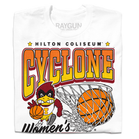 A folded white t-shirt with black, red, orange, and gold ink. From top to bottom it reads "Hilton Coliseum. Cyclone Women's Basketball. Established 1973." With an illustration of Cy dribbling a basketball beside a giant basketball going through a hoop.