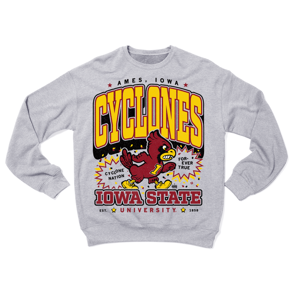 Light gray heather dust crewneck sweatshirt with an Iowa State Cyclones graphic featuring the team mascot and text reading Ames, Iowa, Cyclones, and Iowa State University for Cyclone nation.