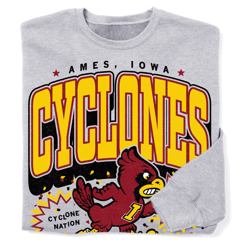 Heather dust crewneck sweatshirt featuring the Iowa State Cyclones mascot, the text CYCLONES, AMES, IOWA, and CYCLONE NATION.