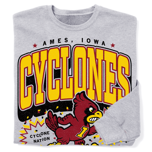Heather dust crewneck sweatshirt featuring the Iowa State Cyclones mascot, the text CYCLONES, AMES, IOWA, and CYCLONE NATION.