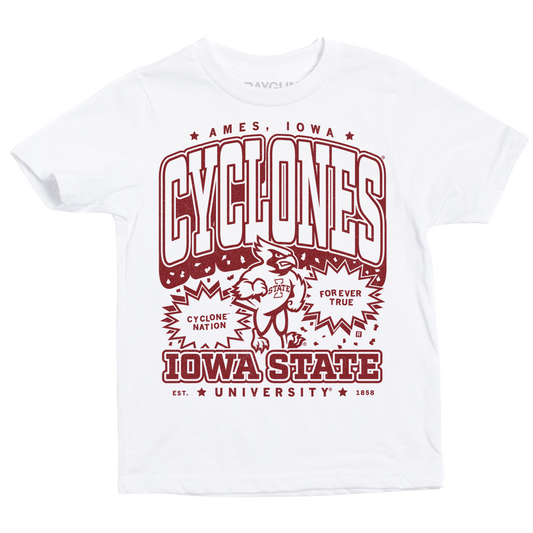 White Iowa State T-shirt featuring a maroon Cyclone Nation graphic with the mascot, team text, and the 1858 establishment year.