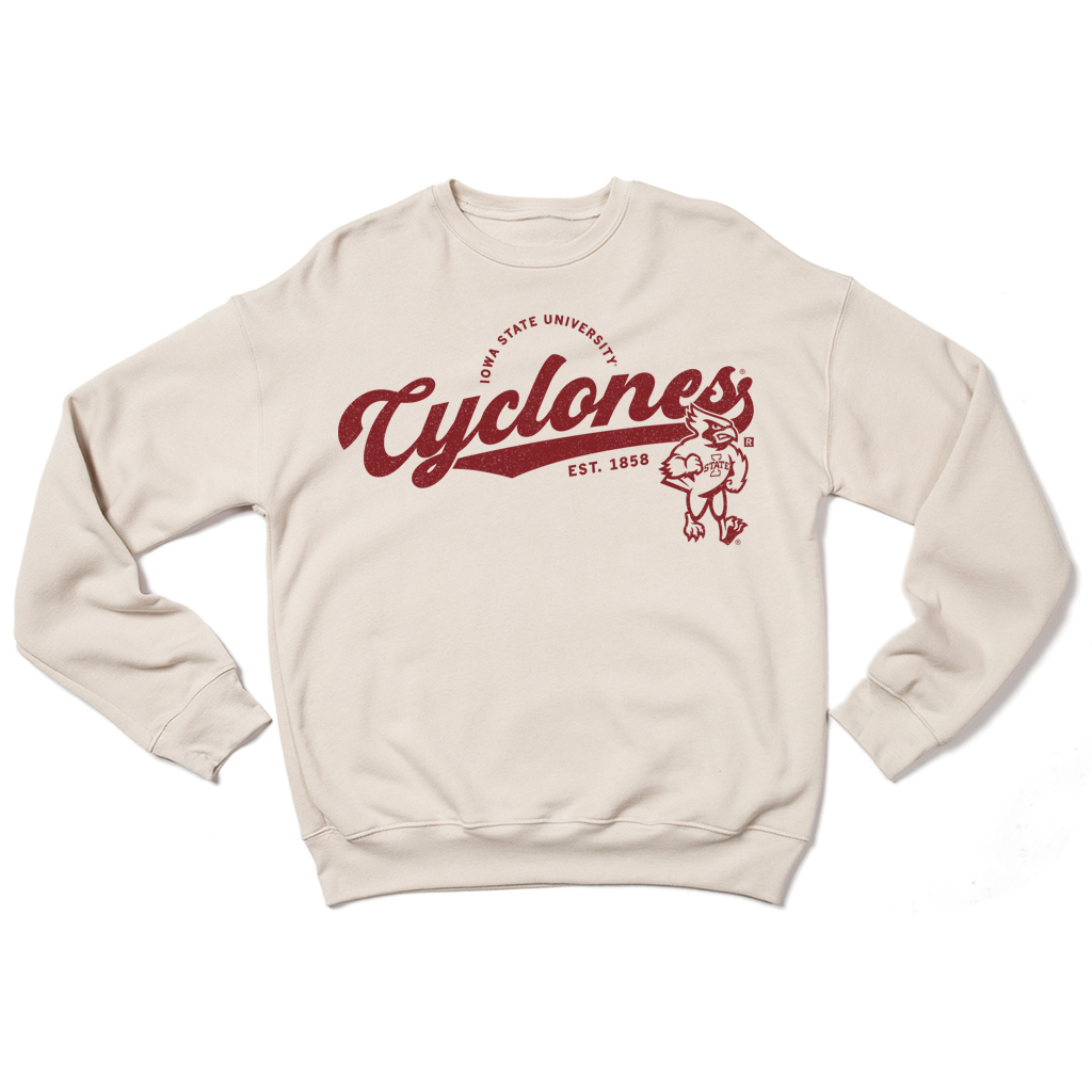 Heather Dust crewneck sweatshirt featuring the Iowa State University Cyclones logo and Cy the Cardinal mascot in maroon ink.