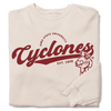 Heather Dust cream-colored sweatshirt featuring the Iowa State University Cyclones logo and mascot in maroon ink.