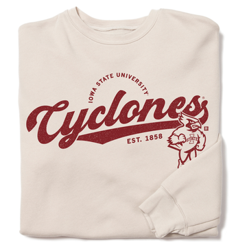 Heather Dust cream-colored sweatshirt featuring the Iowa State University Cyclones logo and mascot in maroon ink.