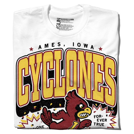 White officially licensed Iowa State T-shirt featuring AMES, IOWA CYCLONES in yellow and red athletic lettering above a cartoon cardinal mascot and the phrase FOR-EVER TRUE.