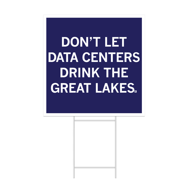 A square dark blue yard sign with a white border and white text that reads 