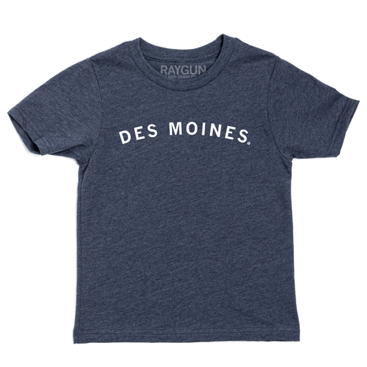 Heather navy Des Moines T-shirt with the city name printed in white letters on the chest.