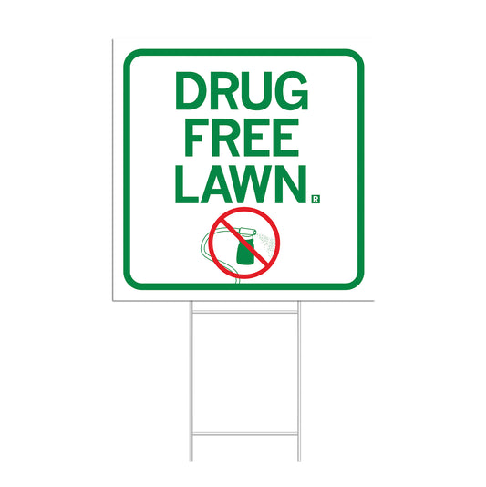 Square RAYGUN lawn sign on a metal stake reading DRUG FREE LAWN above a graphic of a spray bottle inside a red circle with a slash through it.