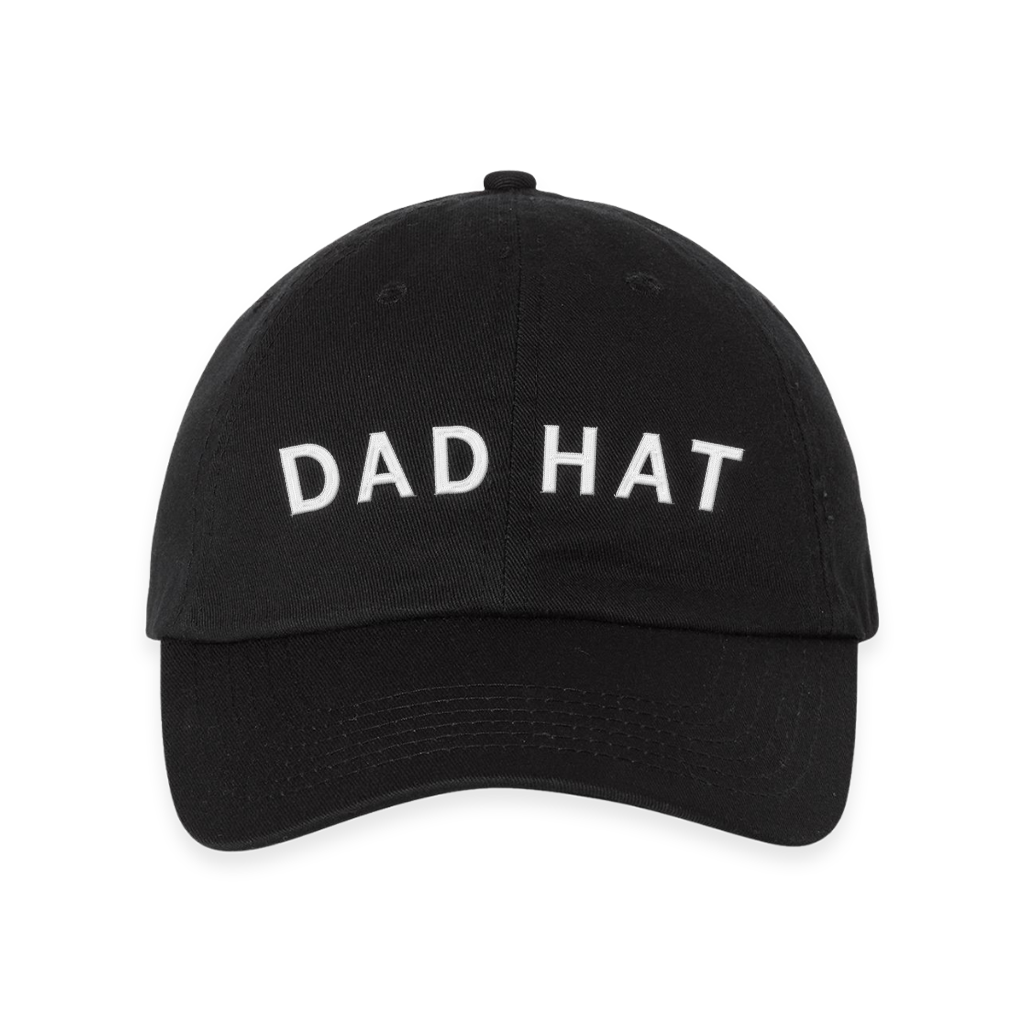 Black RAYGUN baseball cap with the words DAD HAT embroidered in white text on the front.