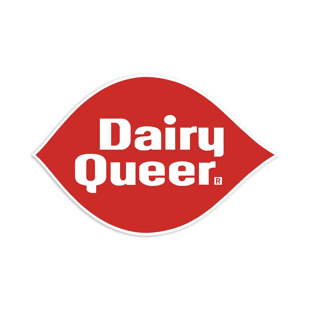 A red, lip-shaped Dairy Queer die-cut vinyl sticker with white text.