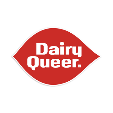 A red, lip-shaped Dairy Queer die-cut vinyl sticker with white text.