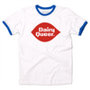 White ringer tee with a blue color and blue sleeve accents. In the center is red print spoofing the Dairy Queen logo that says, "Dairy Queer."