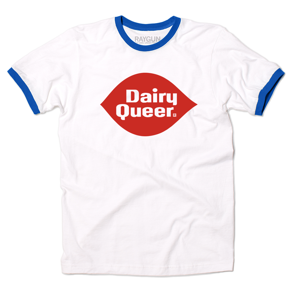 White ringer tee with a blue color and blue sleeve accents. In the center is red print spoofing the Dairy Queen logo that says, "Dairy Queer."