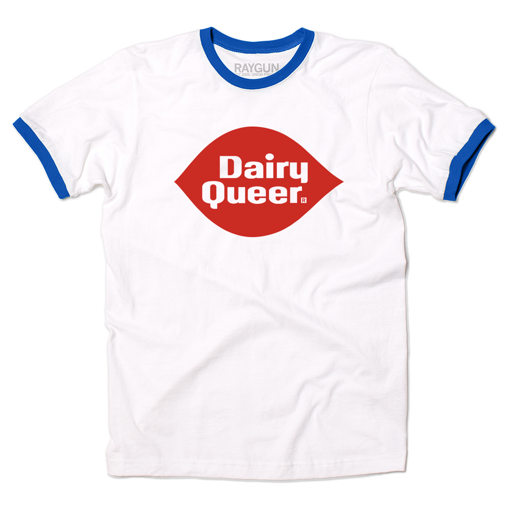 White ringer tee with a blue color and blue sleeve accents. In the center is red print spoofing the Dairy Queen logo that says, "Dairy Queer."