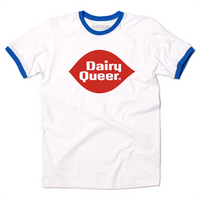 White ringer tee with a blue color and blue sleeve accents. In the center is red print spoofing the Dairy Queen logo that says, "Dairy Queer."