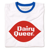 A folded white ringer shirt with a blue color and blue sleeve accents. In the center is red print spoofing the Dairy Queen logo that says, "Dairy Queer."