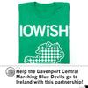 Heather green t-shirt featuring the text IOWISH with a shamrock replacing the dot in the I, and a map outline of Iowa filled with shamrocks.